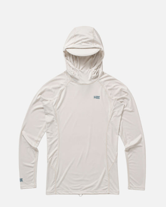 A light grey, long-sleeved Apex Hooded Rashguard from Salty Crew is laid flat on a white background. Designed as a lightweight surf hoodie, this shirt features minimal seams and a small logo on the upper left chest. Its UPF 50+ sun protection and moisture-wicking properties make it ideal for active days outdoors.