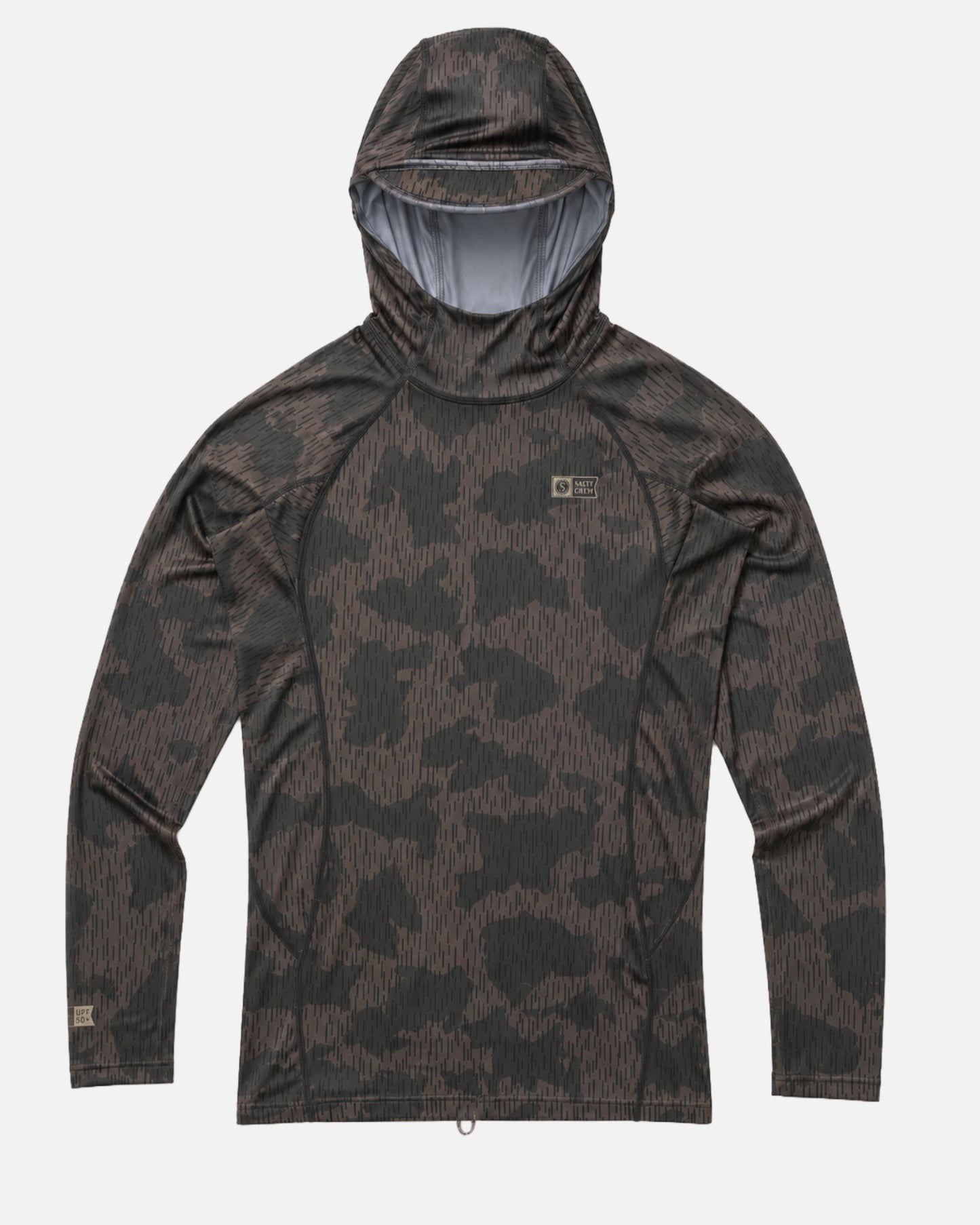 The Salty Crew Apex Hooded Rashguard in Recon Camo is a long-sleeve, lightweight surf hoodie with a dark brown and black camouflage pattern, shown laid flat on a white background. Its moisture-wicking fabric ensures you stay dry and comfortable throughout the day.