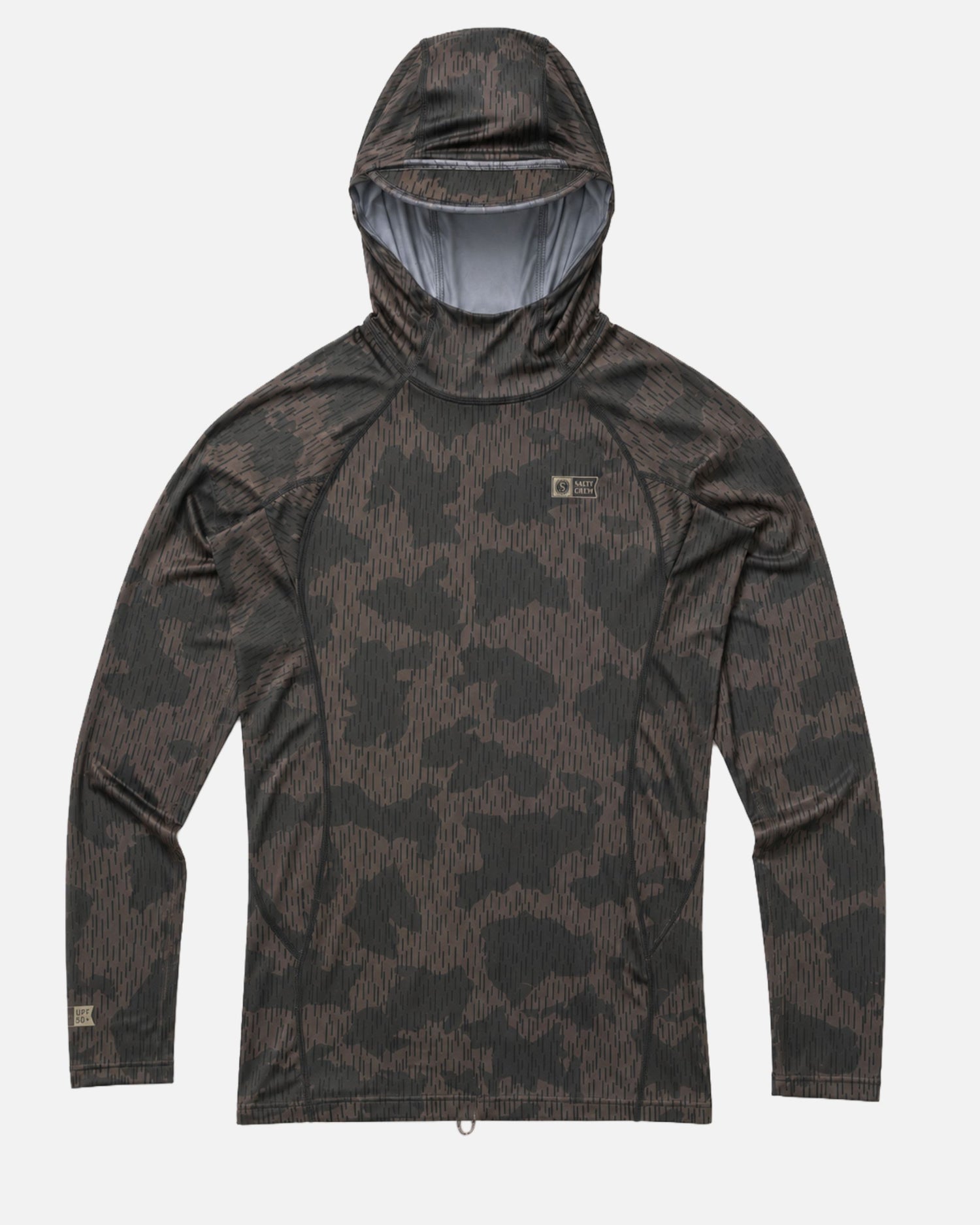 The Salty Crew Apex Hooded Rashguard in Recon Camo is a long-sleeve, lightweight surf hoodie with a dark brown and black camouflage pattern, shown laid flat on a white background. Its moisture-wicking fabric ensures you stay dry and comfortable throughout the day.