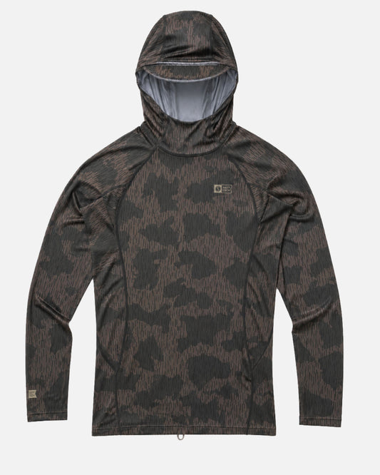 The Salty Crew Apex Hooded Rashguard in Recon Camo is a long-sleeve, lightweight surf hoodie with a dark brown and black camouflage pattern, shown laid flat on a white background. Its moisture-wicking fabric ensures you stay dry and comfortable throughout the day.