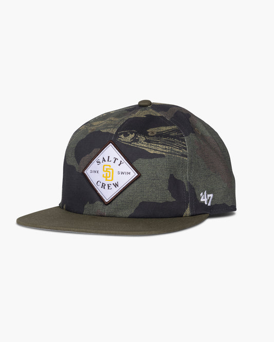 front view of Salty Crew x Padres x 47 Camo Unstructured Snapback
