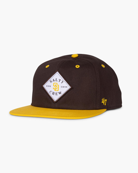 front view of Salty Crew x Padres x 47 Brown Unstructured Snapback