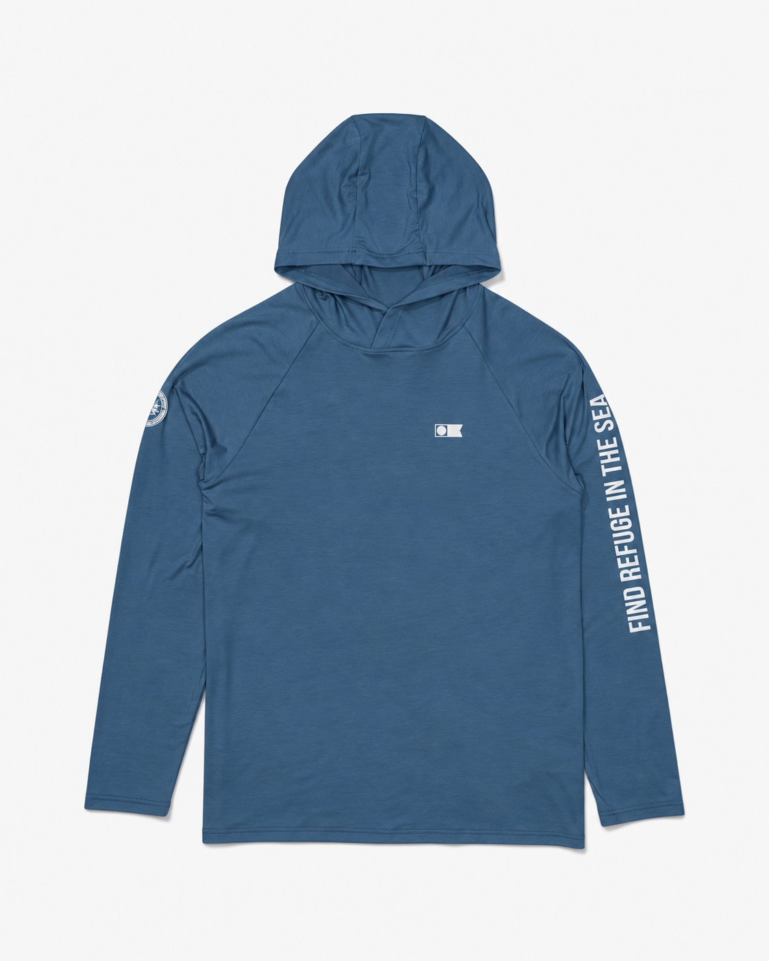 Salty Crew Mariner Lite UV Hood in Cast Blue, featuring moisture-wicking fabric, a white chest logo, a circular right-sleeve emblem, and FIND REFUGE IN THE SEA printed vertically down the left sleeve.