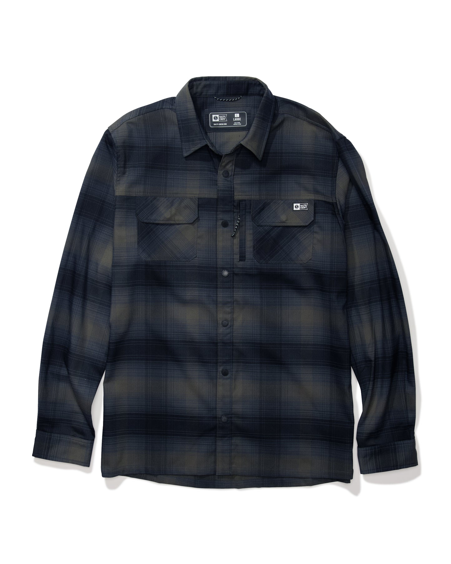 Off body front of the Fathom Black Tech Flannel