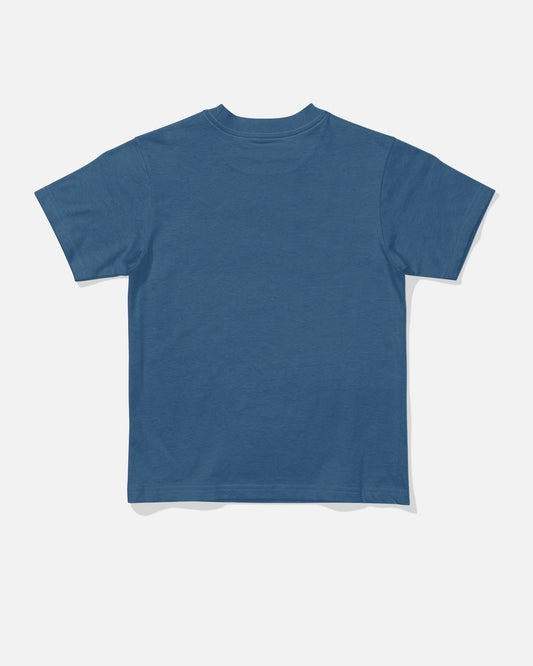 A Salty Crew “Truck Bed Toddler Tee” in cast blue is shown laid flat with the back side facing up against a white background.