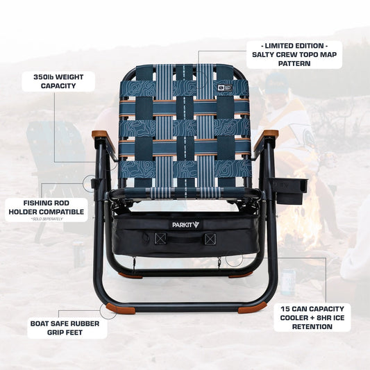 Graphic with details of the Parkit x Salty Crew Voyager Chair.