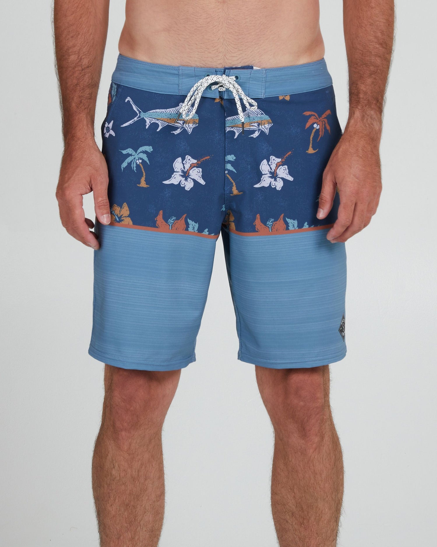 On body front of the Tandem Denim/Slate Boardshort
