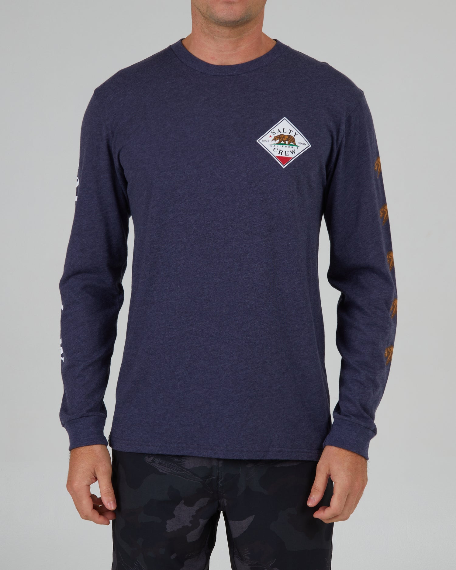 On body front of the Tippet Cali Navy Heather L/S Premium Tee