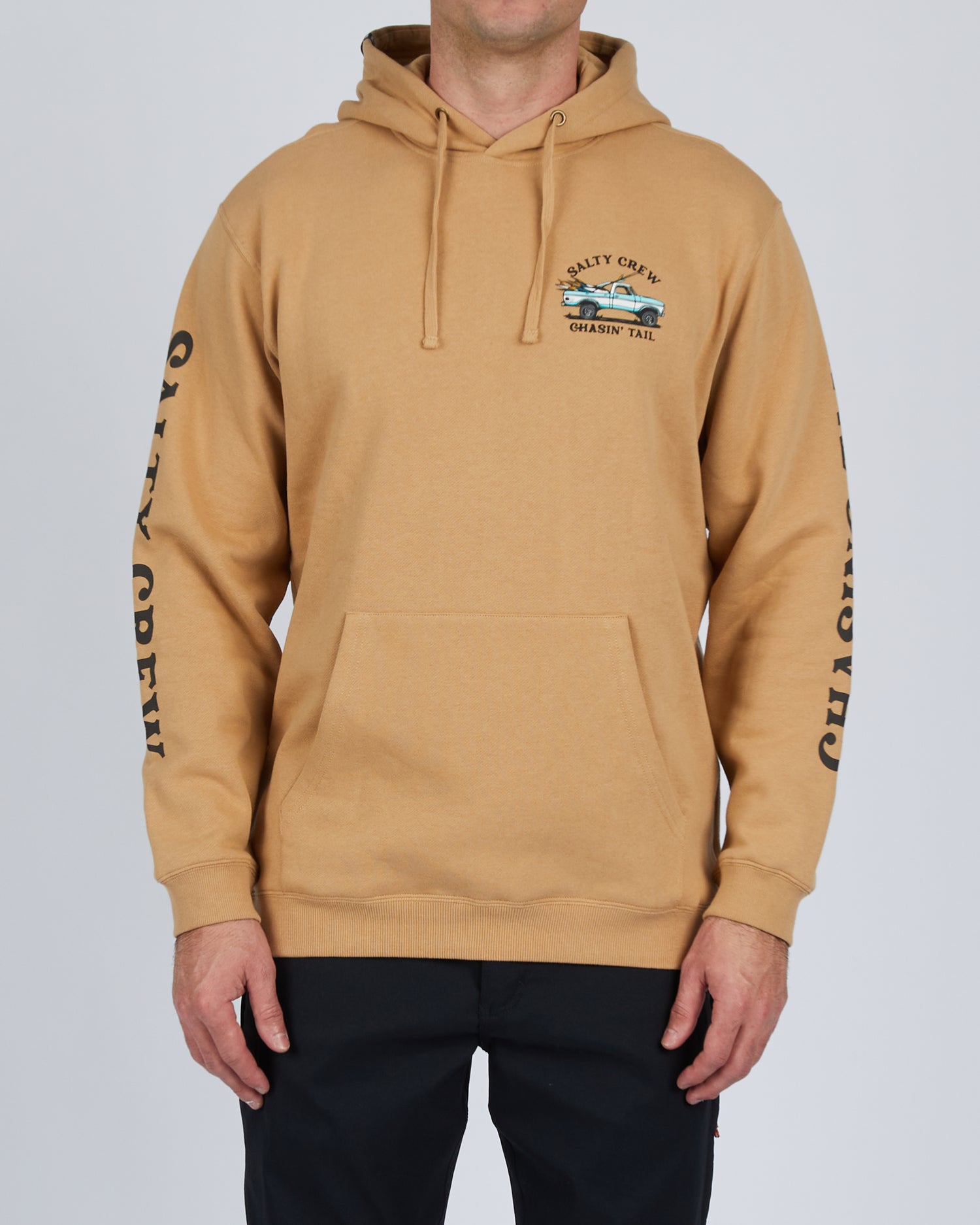 On body front of the Off Road Sandstone Hood Fleece