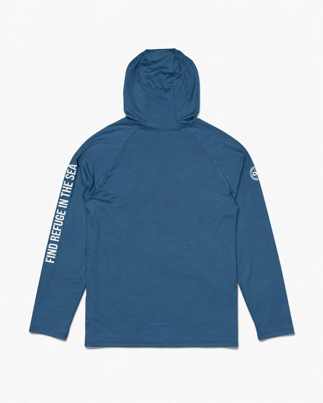 Cast Blue Mariner Lite UV Hood, a lightweight, moisture-wicking long-sleeve shirt with a hood and the text FIND REFUGE IN THE SEA printed vertically down the right sleeve.