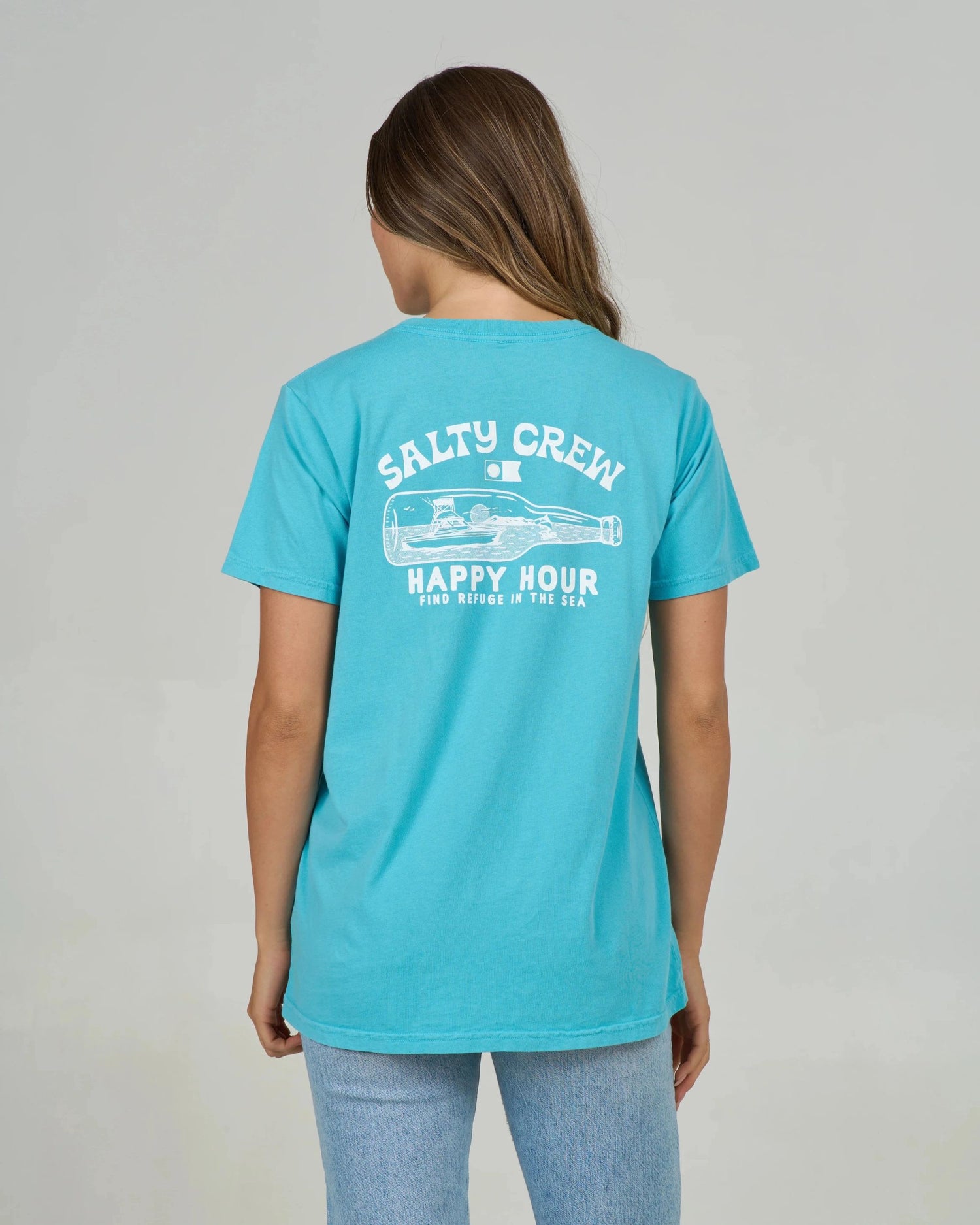 Back view of the Happy Hour Boyfriend Tee - Turquoise. 