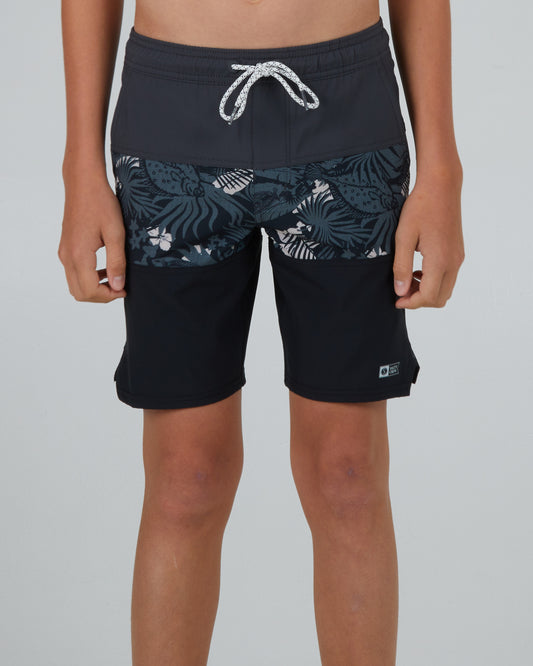 front view of Beacons 2 Boys Charcoal Elastic Boardshort