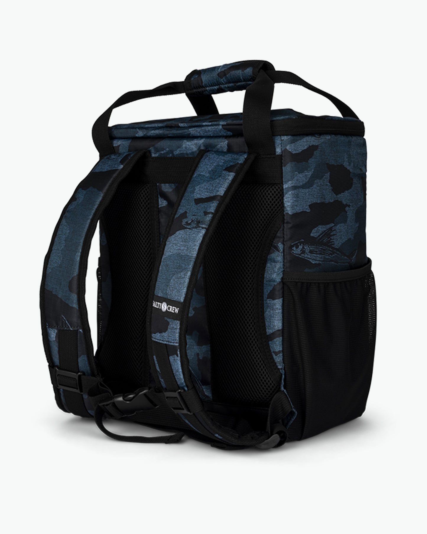 back angled view of Chiller Blue Camo Cooler Backpack