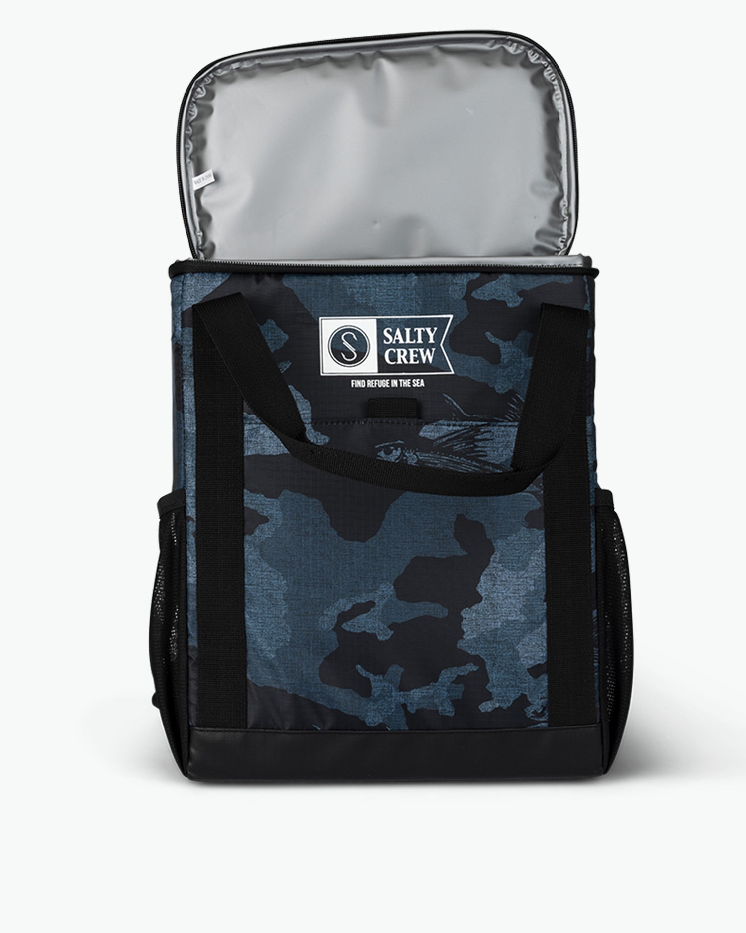 front view/open top Chiller Blue Camo Cooler Backpack