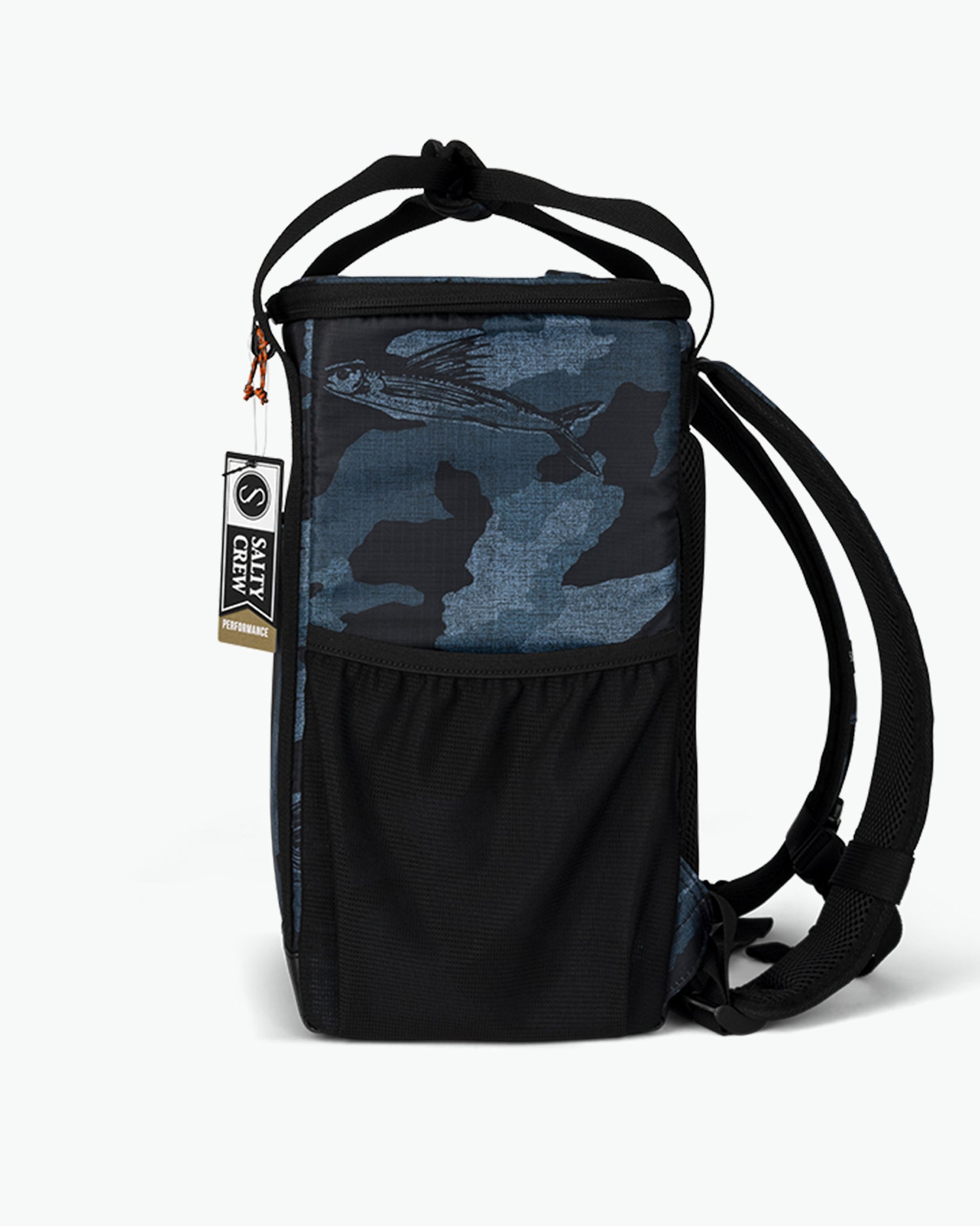 side view of Chiller Blue Camo Cooler Backpack