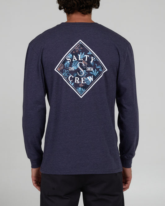 back view of Choppy Tippet Fill Navy Heather L/S Premium Tee