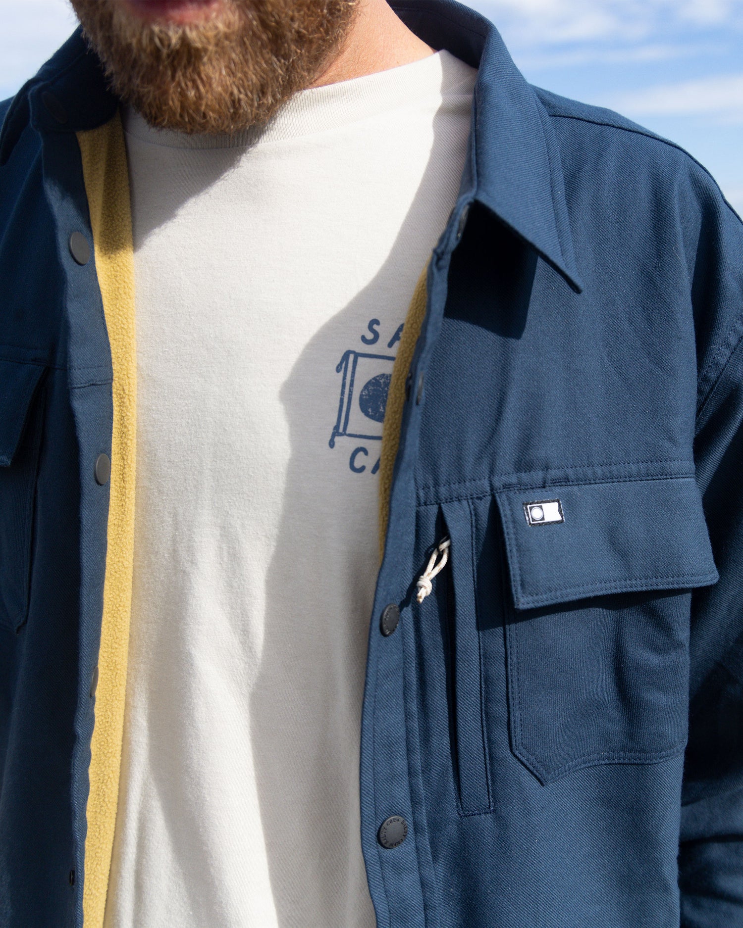 Detail photo of the Fathom Tech Shacket - Midnight Navy. 
