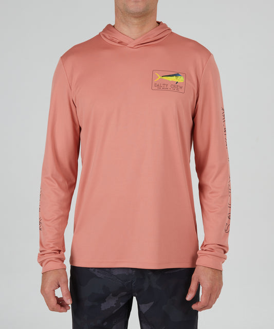 front view of Golden Mahi Coral Hood Sunshirt