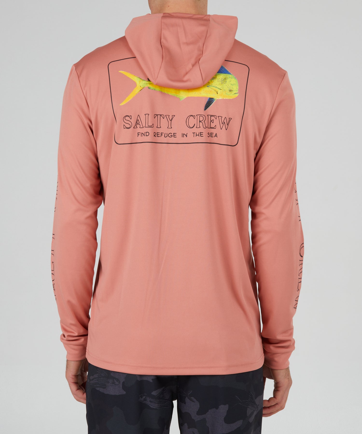 back view of Golden Mahi Coral Hood Sunshirt