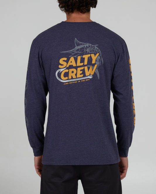 back view of Hook Up Navy Heather L/S Premium Tee