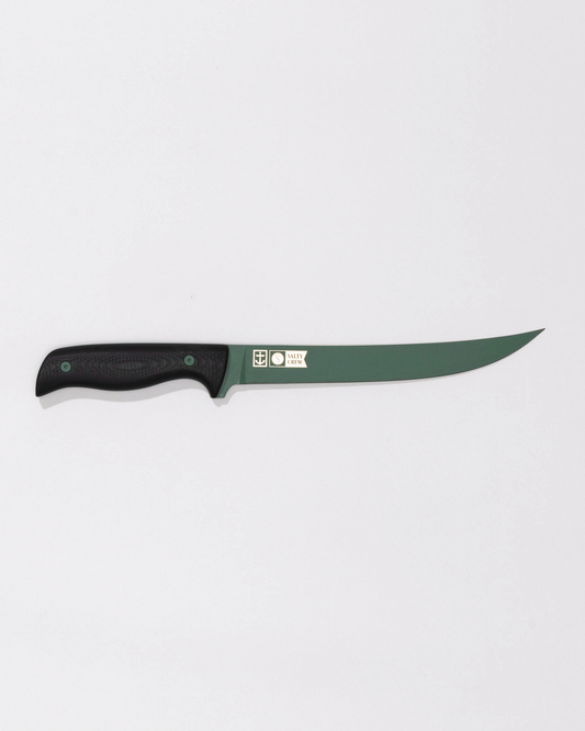 The Salty Crew Leucadia x Salty Crew 8” Hamachi Fillet Knife features a black handle and a long, curved blade, displayed on a plain white background as a limited edition item.