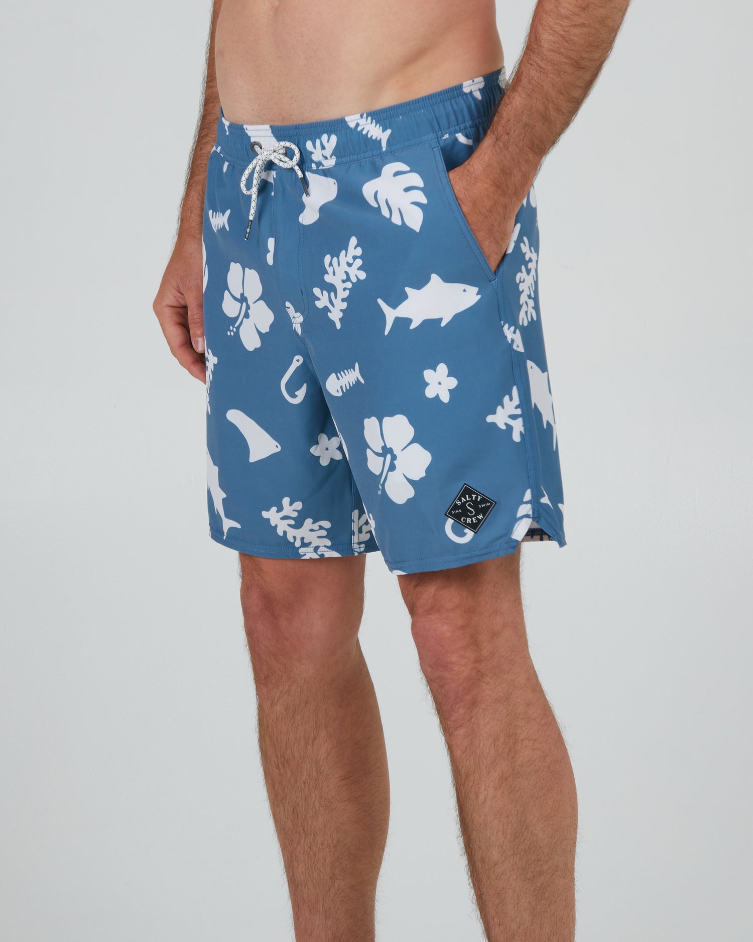 front angled view of Lowtide Slate/White Elastic Boardshort