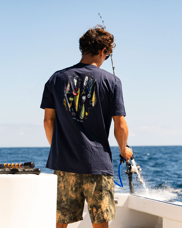 Lifestyle shot of the Lure Gear Classic Tee - Navy. 