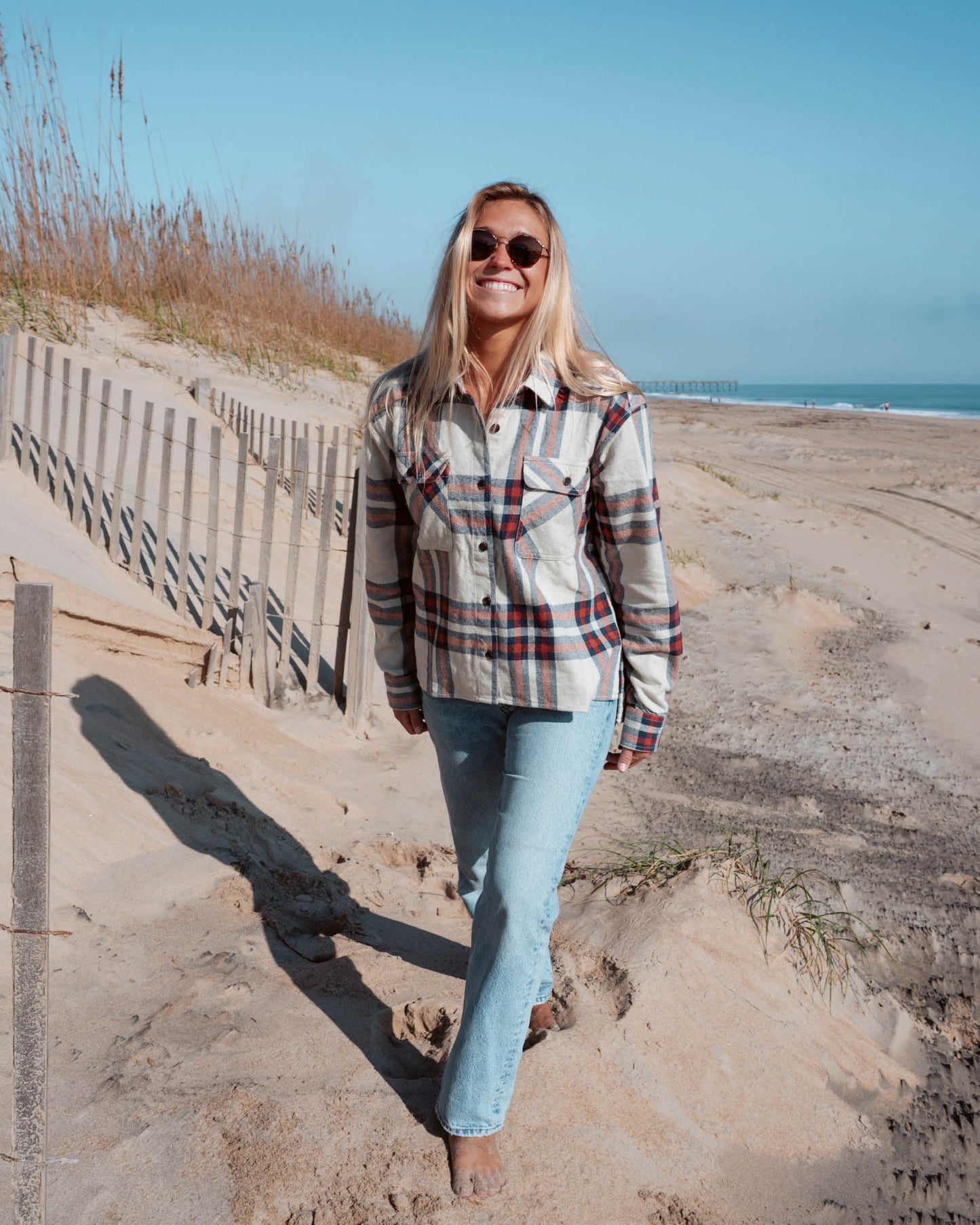 Lifestyle shot of the Nomad Flannel - Midnight Navy. 