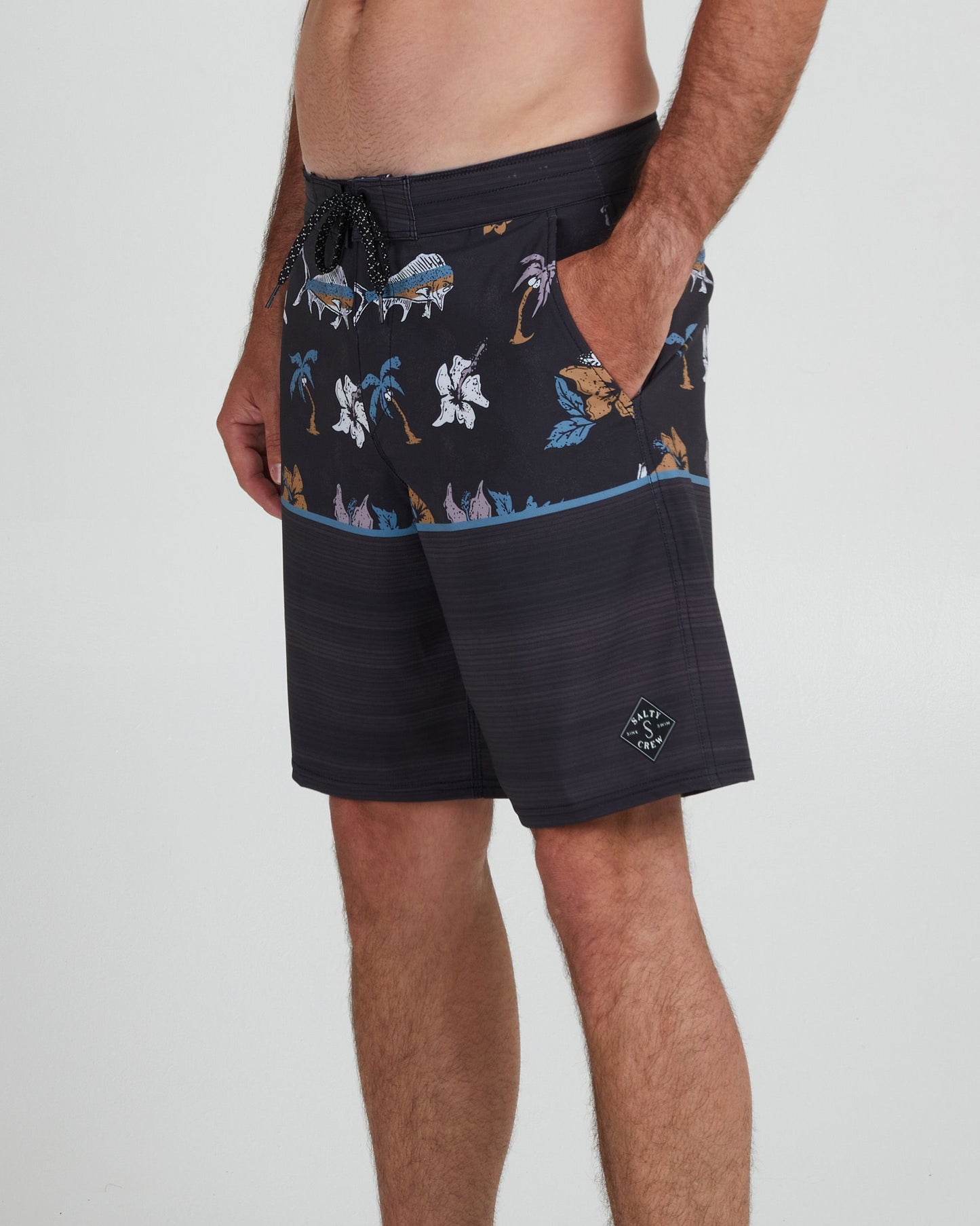 On body front angled view of the Tandem Black/Black Boardshort