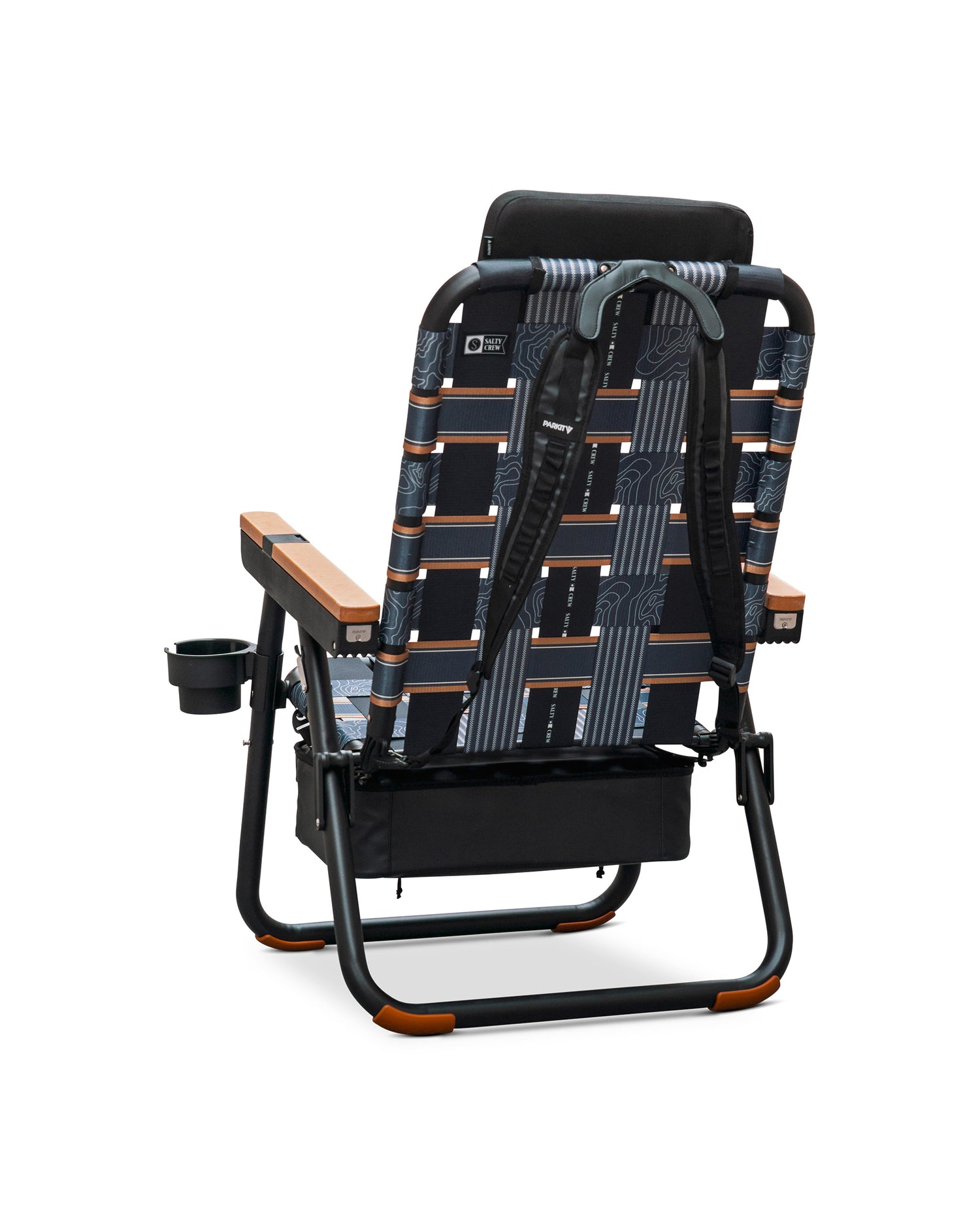 The PARKIT Co. Parkit x Salty Crew Eclipse Recliner Chair is a foldable outdoor seat with wood armrests, black patterned fabric, detachable cup holder, backpack straps, and a rear storage pouch. Shown from the back.