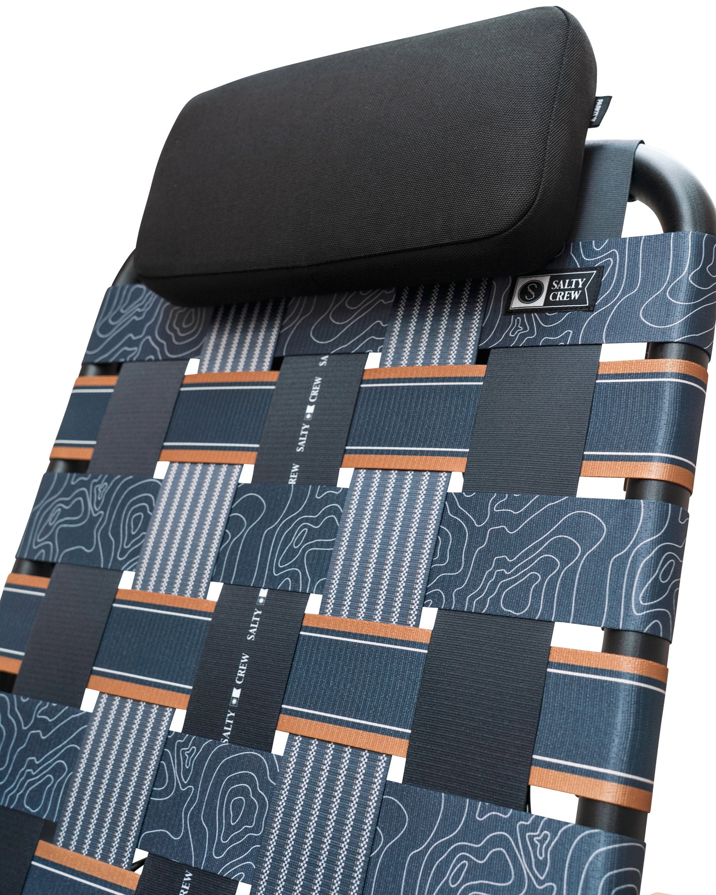 Close-up of the PARKIT Co. Parkit x Salty Crew Eclipse Recliner Chair, featuring a blue and black woven pattern, wooden accents, black headrest, and a Salty Crew Eclipse Recliner label on the headrest.