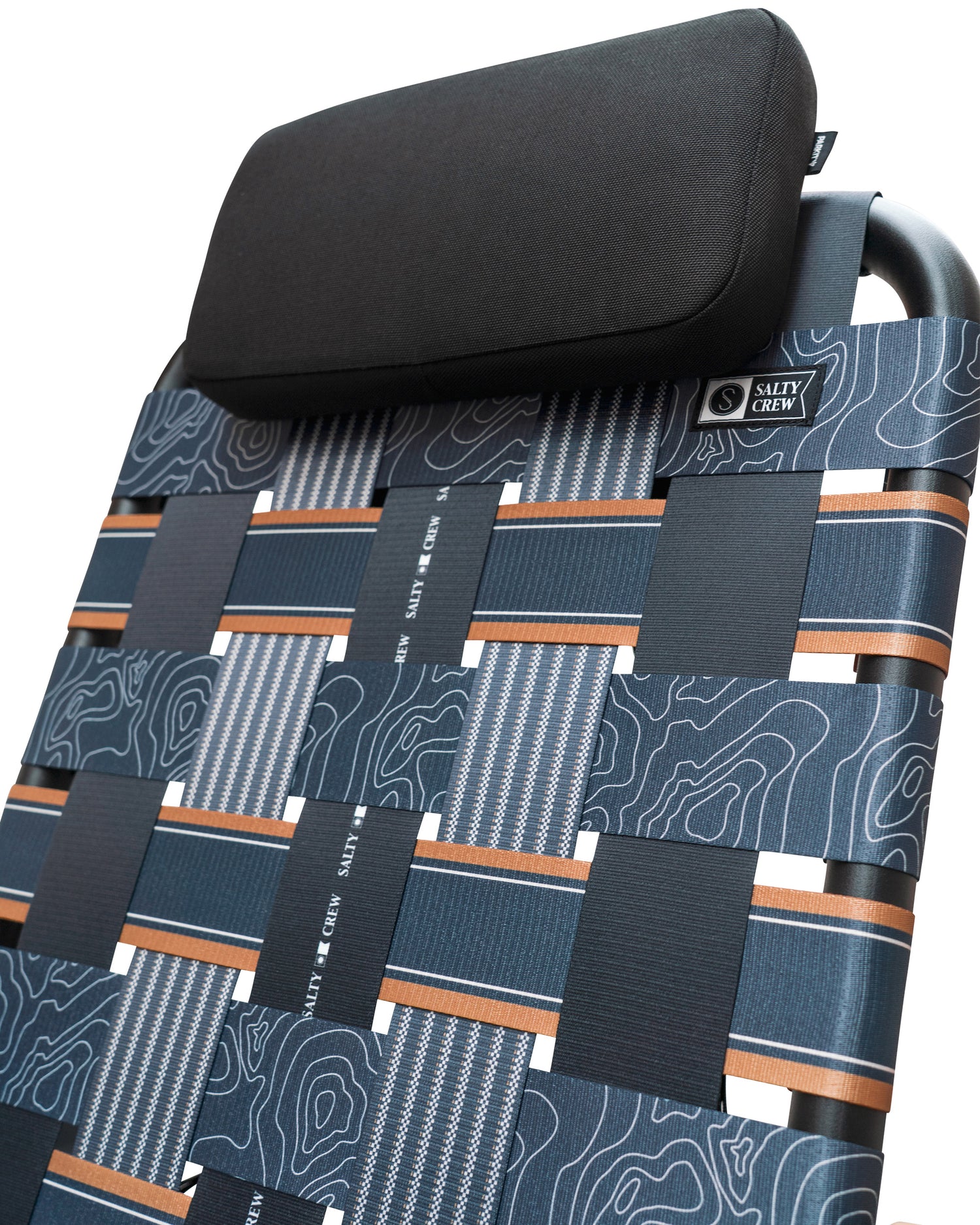 Close-up of the PARKIT Co. Parkit x Salty Crew Eclipse Recliner Chair, featuring a blue and black woven pattern, wooden accents, black headrest, and a Salty Crew Eclipse Recliner label on the headrest.
