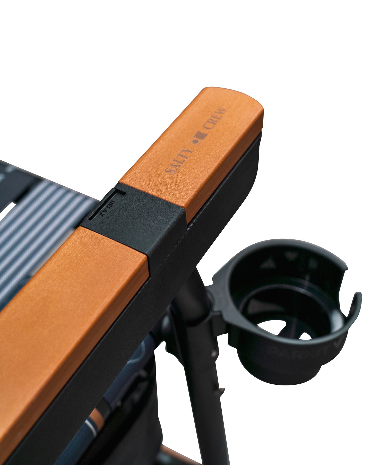 Close-up of a PARKIT Co. Parkit x Salty Crew Eclipse Recliner Chair armrest with a wood-style finish, built-in cup holder, and labeled FRONT & REAR, shown attached to part of the chair’s black frame.