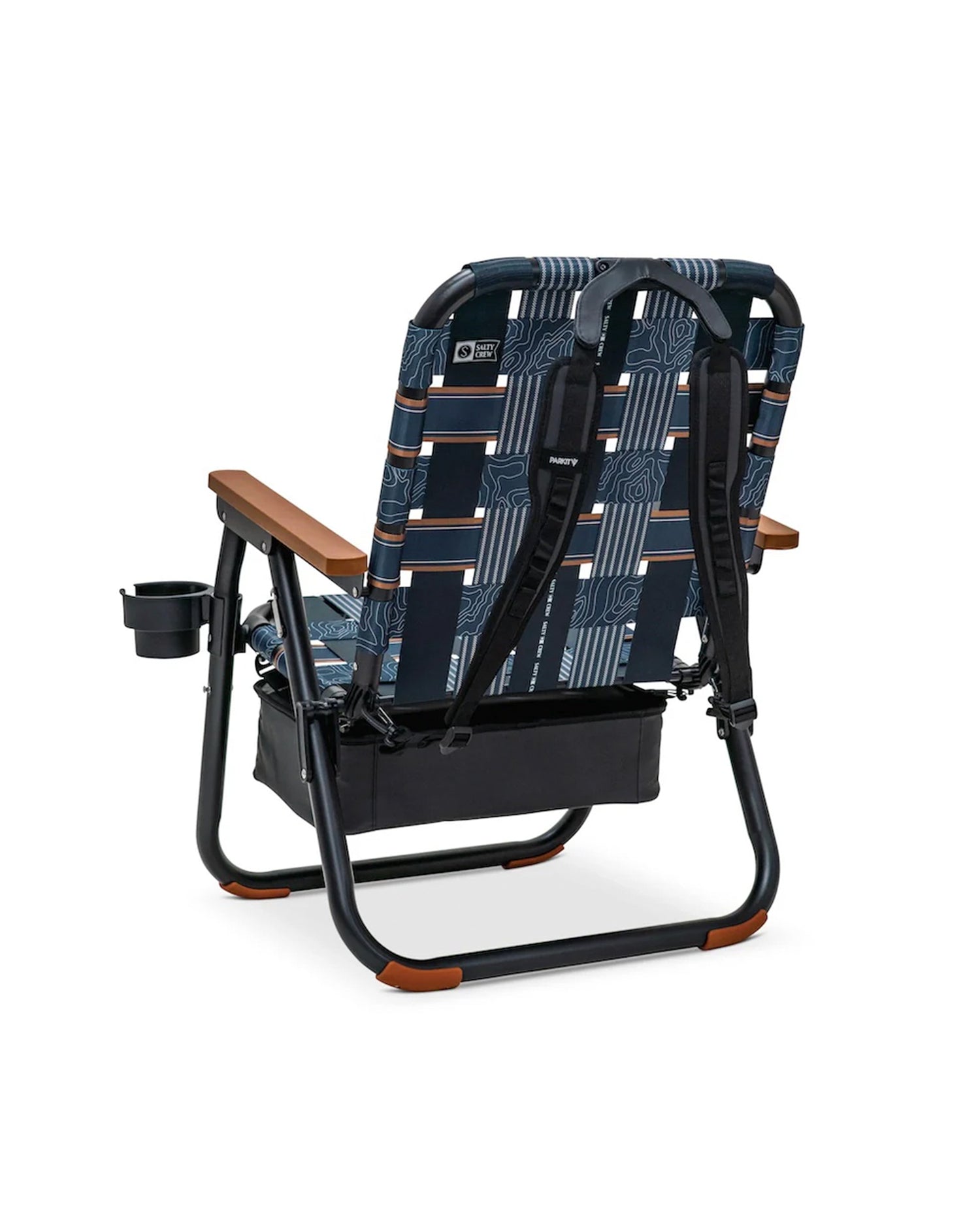 The PARKIT Co. Parkit x Salty Crew Voyager Chair is a folding outdoor chair with blue and white geometric fabric, black metal frame, wood armrests, cup holder, cooler, storage pouch, and backpack straps—ideal for the Waterman Lifestyle.