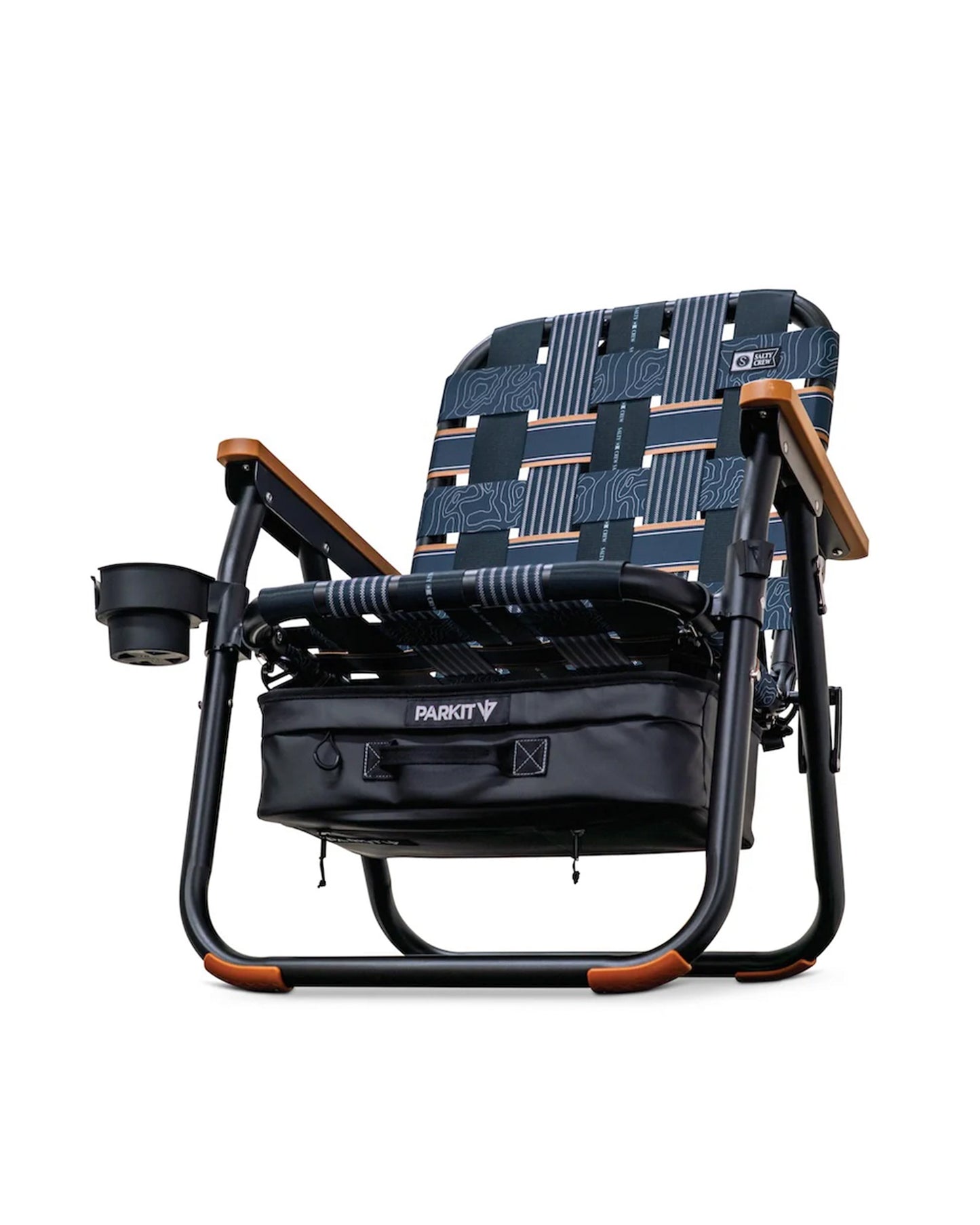 The PARKIT Co. x Salty Crew Voyager Chair is a black folding outdoor seat with geometric fabric, wooden armrests, a left cup holder, built-in cooler, and Parkit-branded storage pouch—ideal for the Waterman Lifestyle.