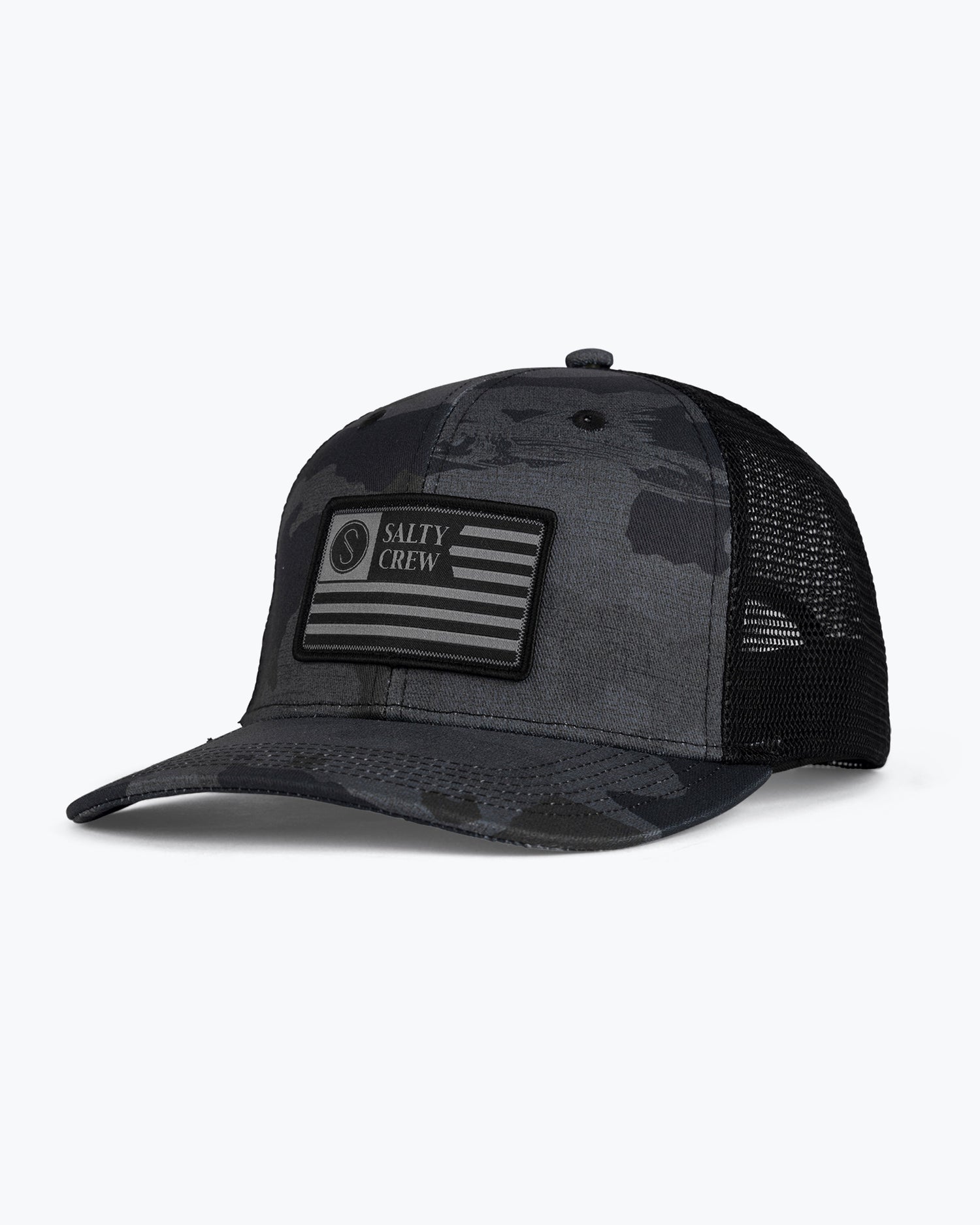 front view of Patriot Black/Camo Retro Trucker