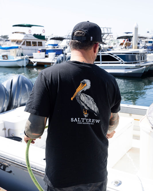 On-body back view of the Perched Tee - Black. 