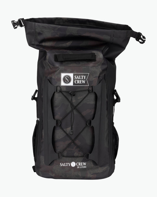 front view top open of Voyager Camo Roll Top Backpack