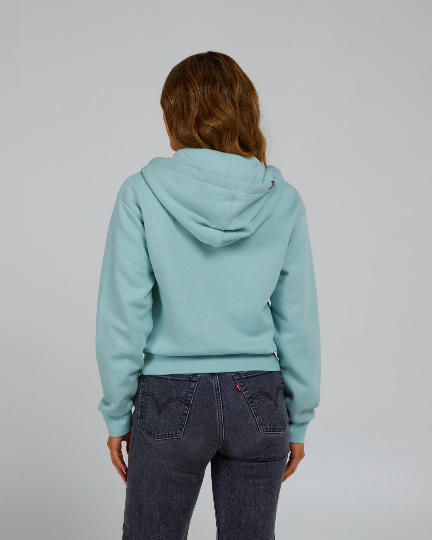 On body back of the Sun Days Zip Fleece Hoodie - Cloud Blue. 