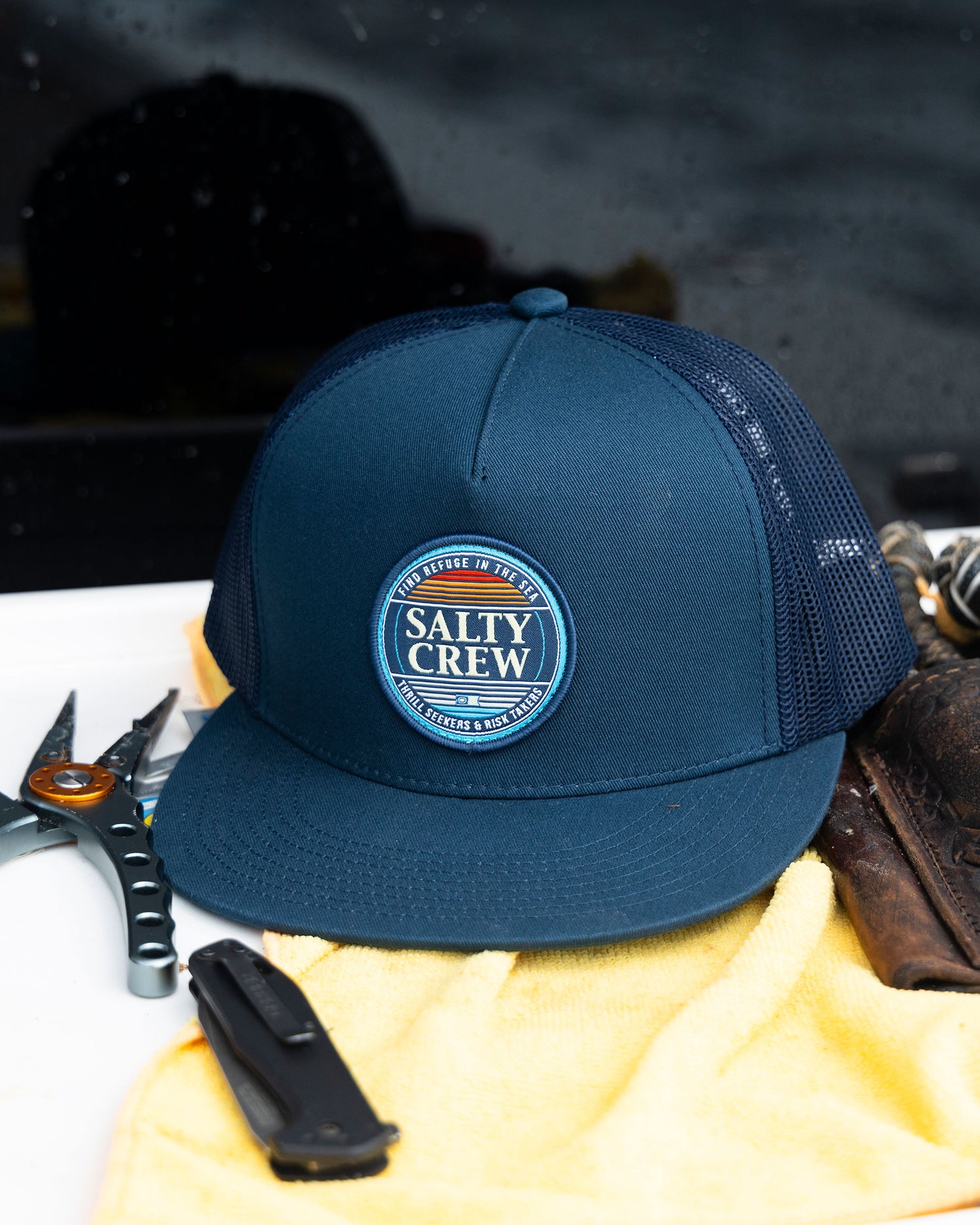 Lifestyle shot of the Simple Fade Trucker - Navy. 