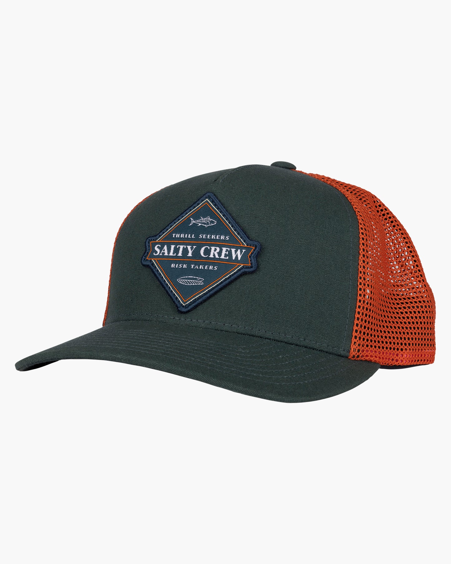 Front of the Twin Tails Spruce/Orange Retro Trucker