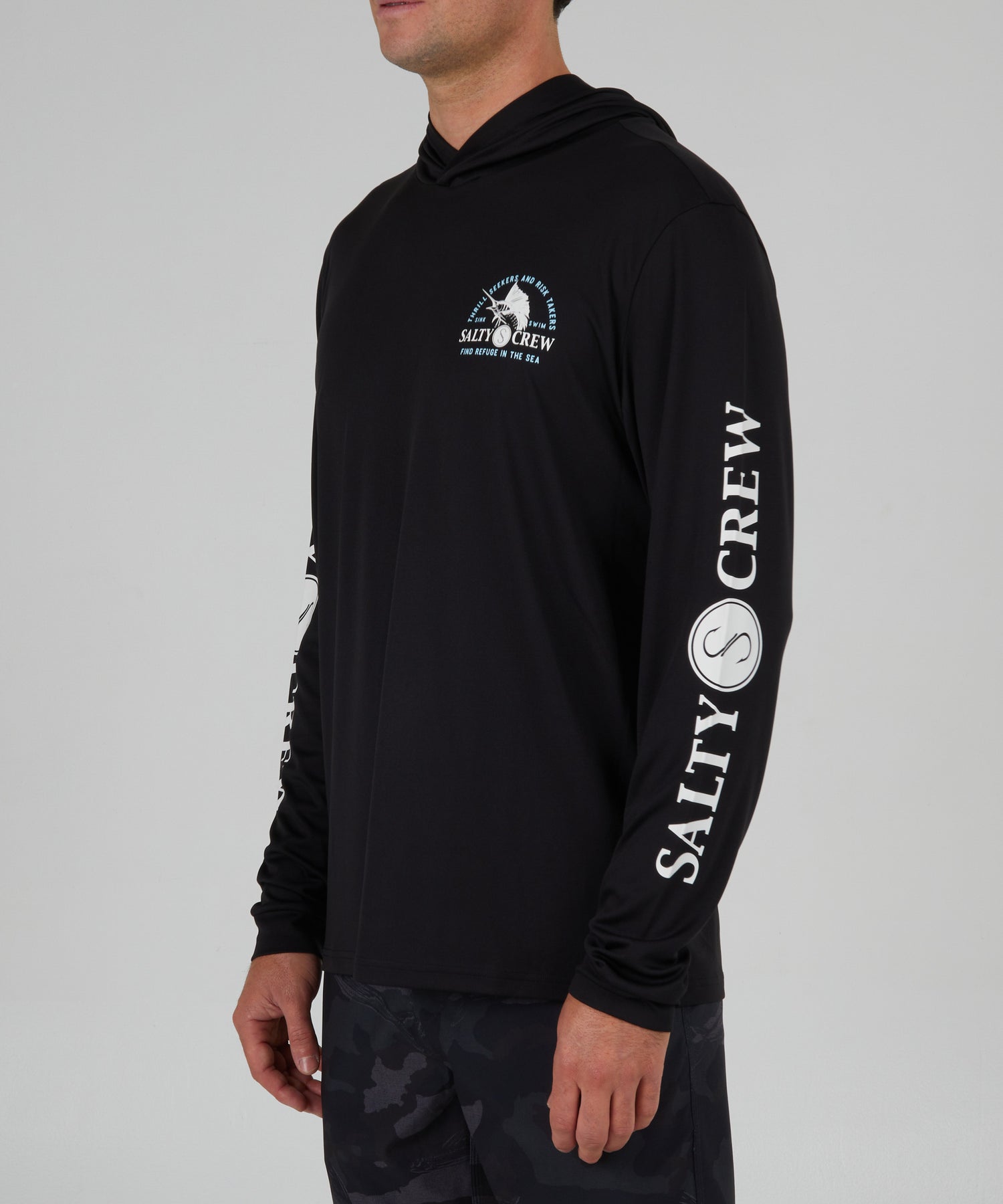 front angled view of Yacht Club Black Hood Sunshirt