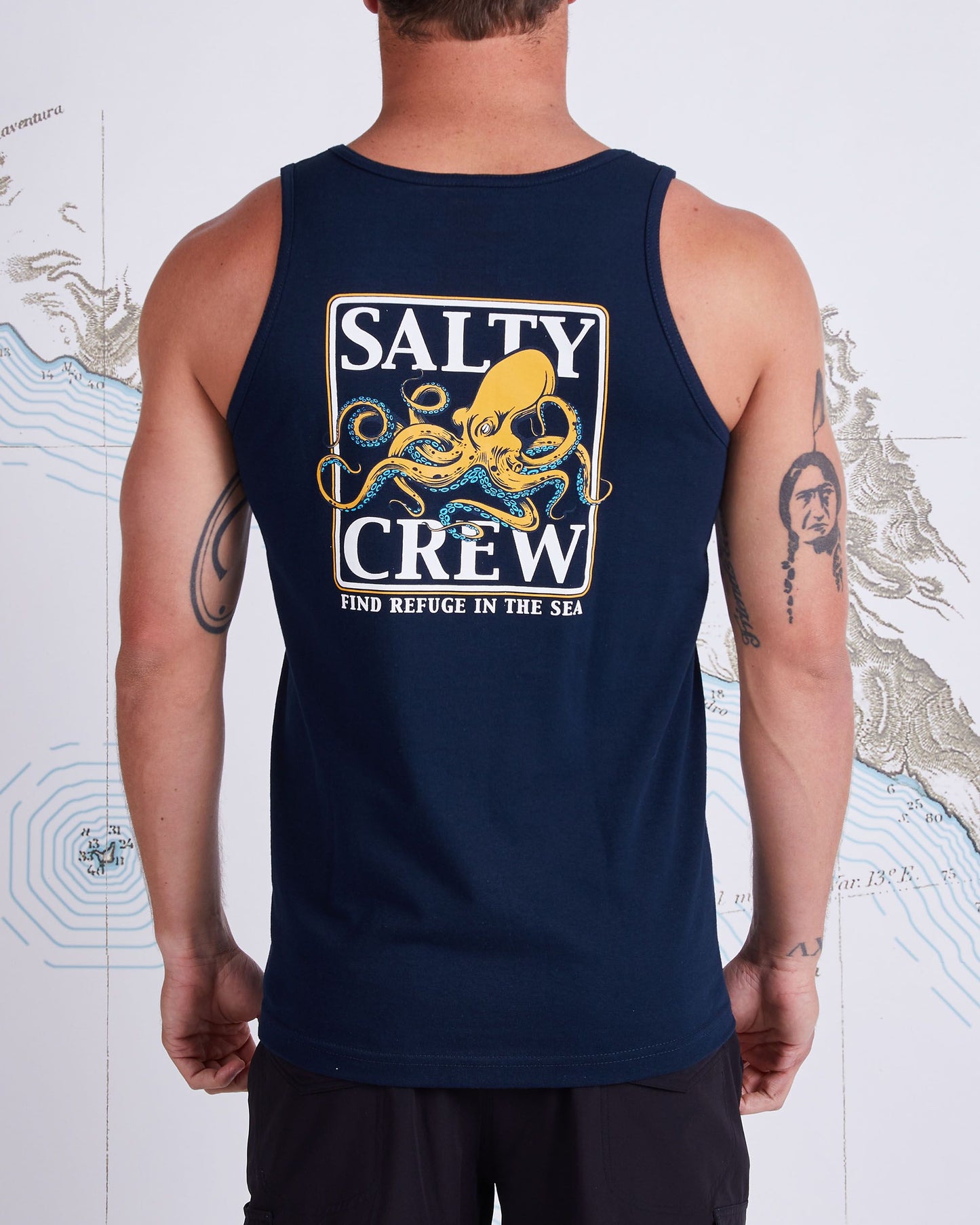On body back of Ink Slinger Navy Tank