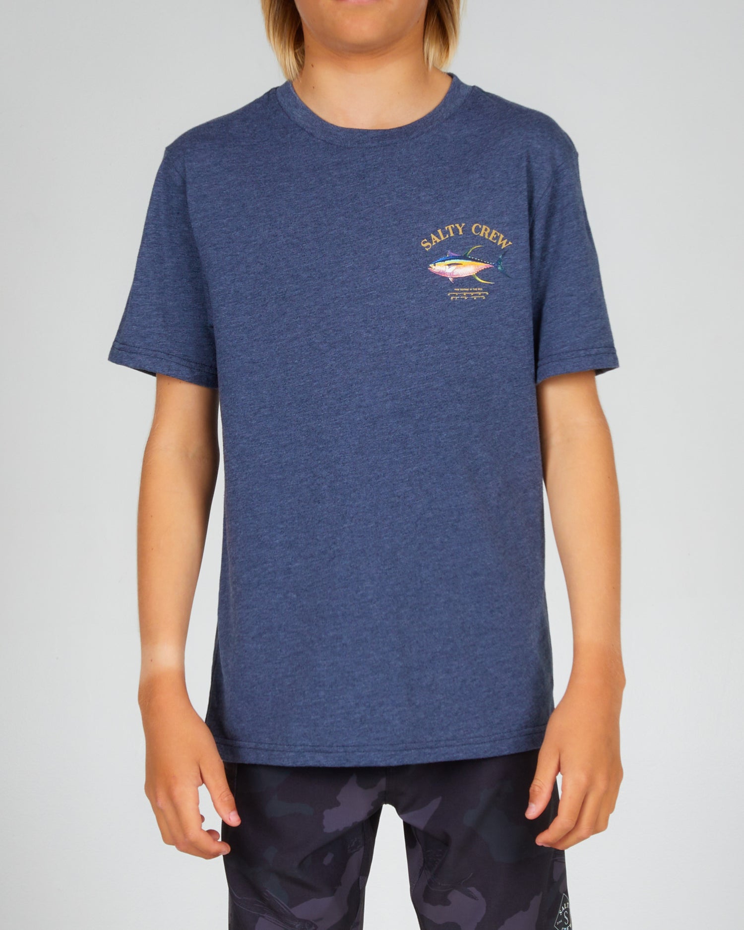 front view of Ahi Mount Boys Navy Heather S/S Tee