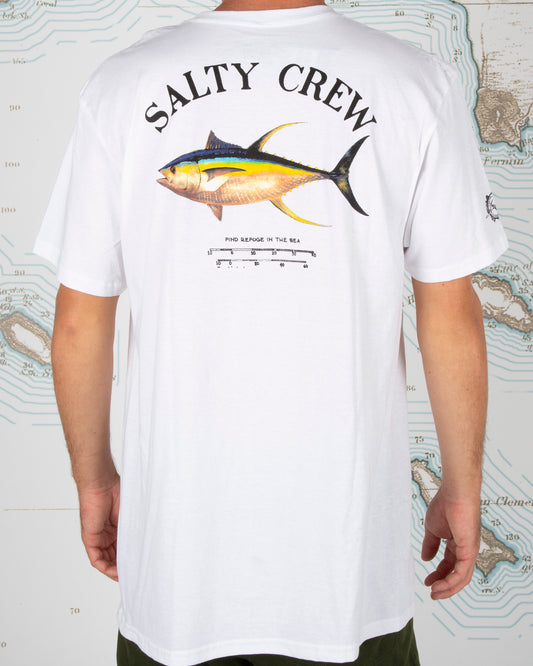 On body back of Ahi Mount White S/S Standard Tee