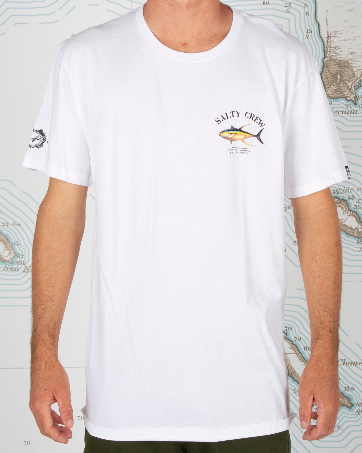 On body front of Ahi Mount White S/S Standard Tee