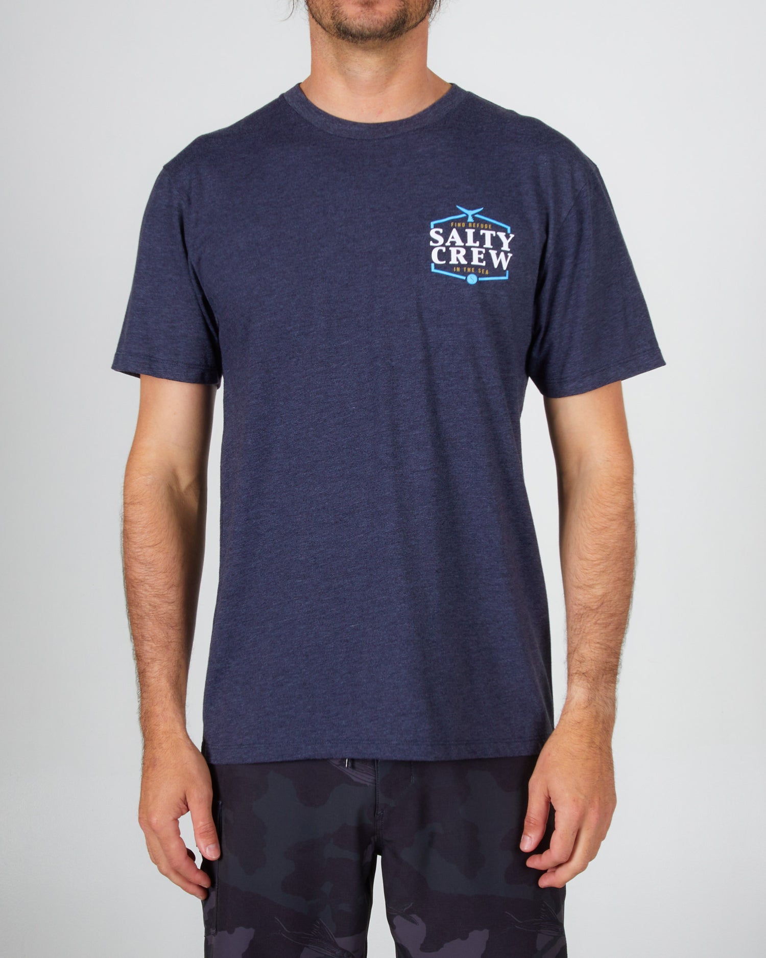 front view of Skipjack Navy Heather S/S Premium Tee