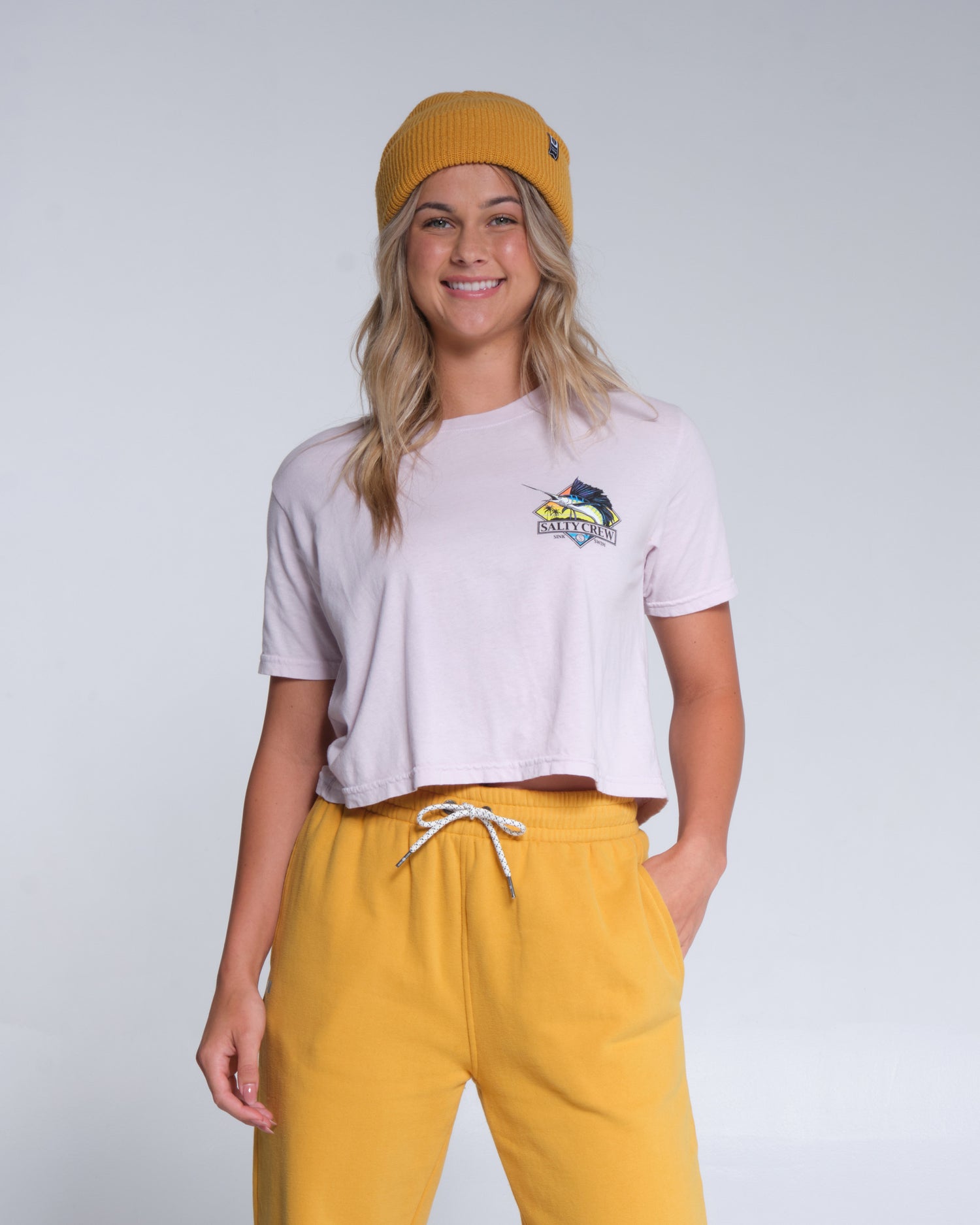 On body front view of the Go Sailin Lavender Fog Crop Boyfriend Tee