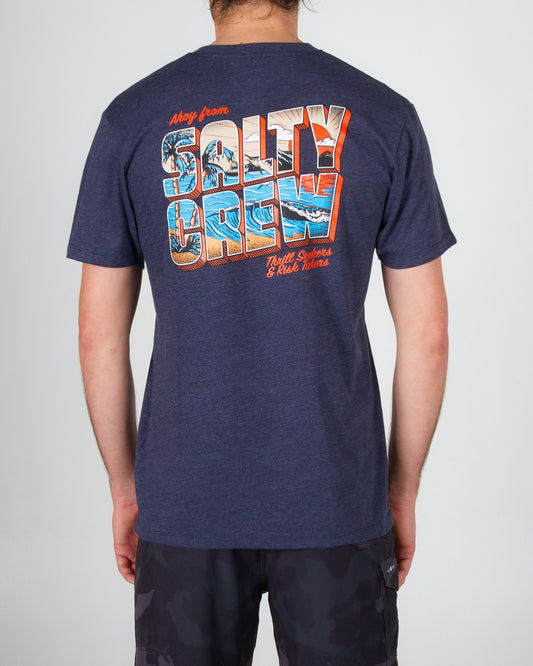 Back view of Greetings Navy Heather S/S Premium Tee