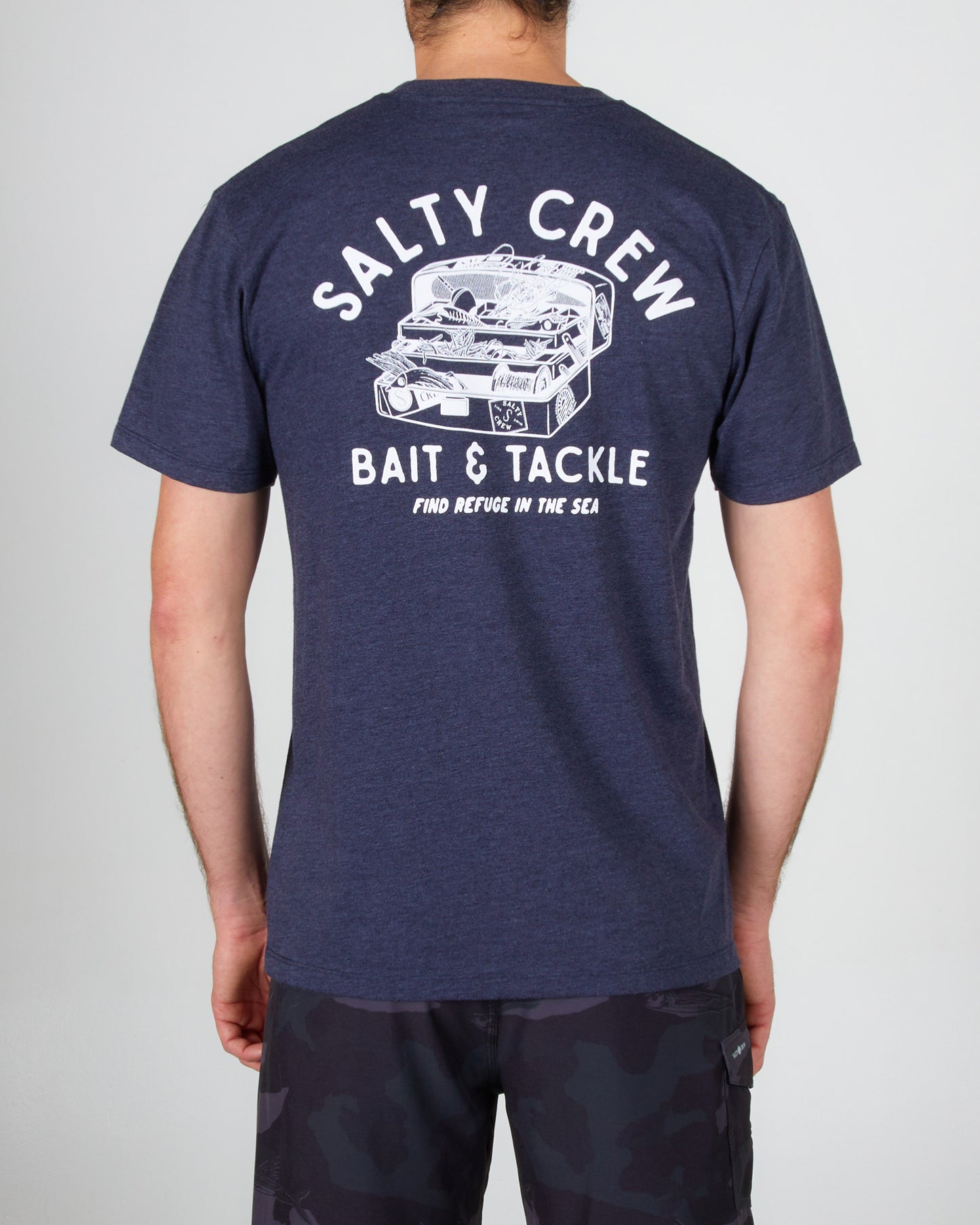 Back view of Tackle Box Navy Heather S/S Premium Tee